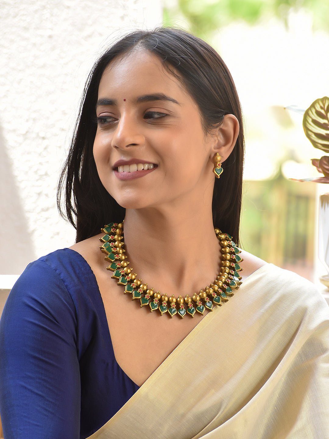 Terracotta Green Heart Motif Choker Necklace Set