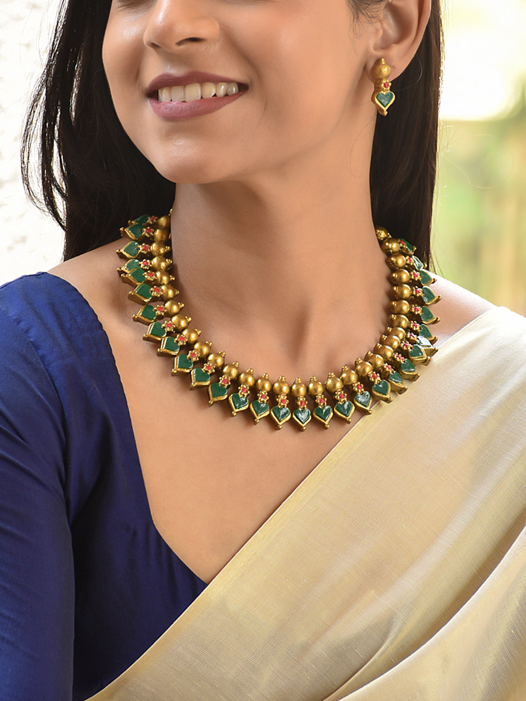 Terracotta Green Heart Motif Choker Necklace Set