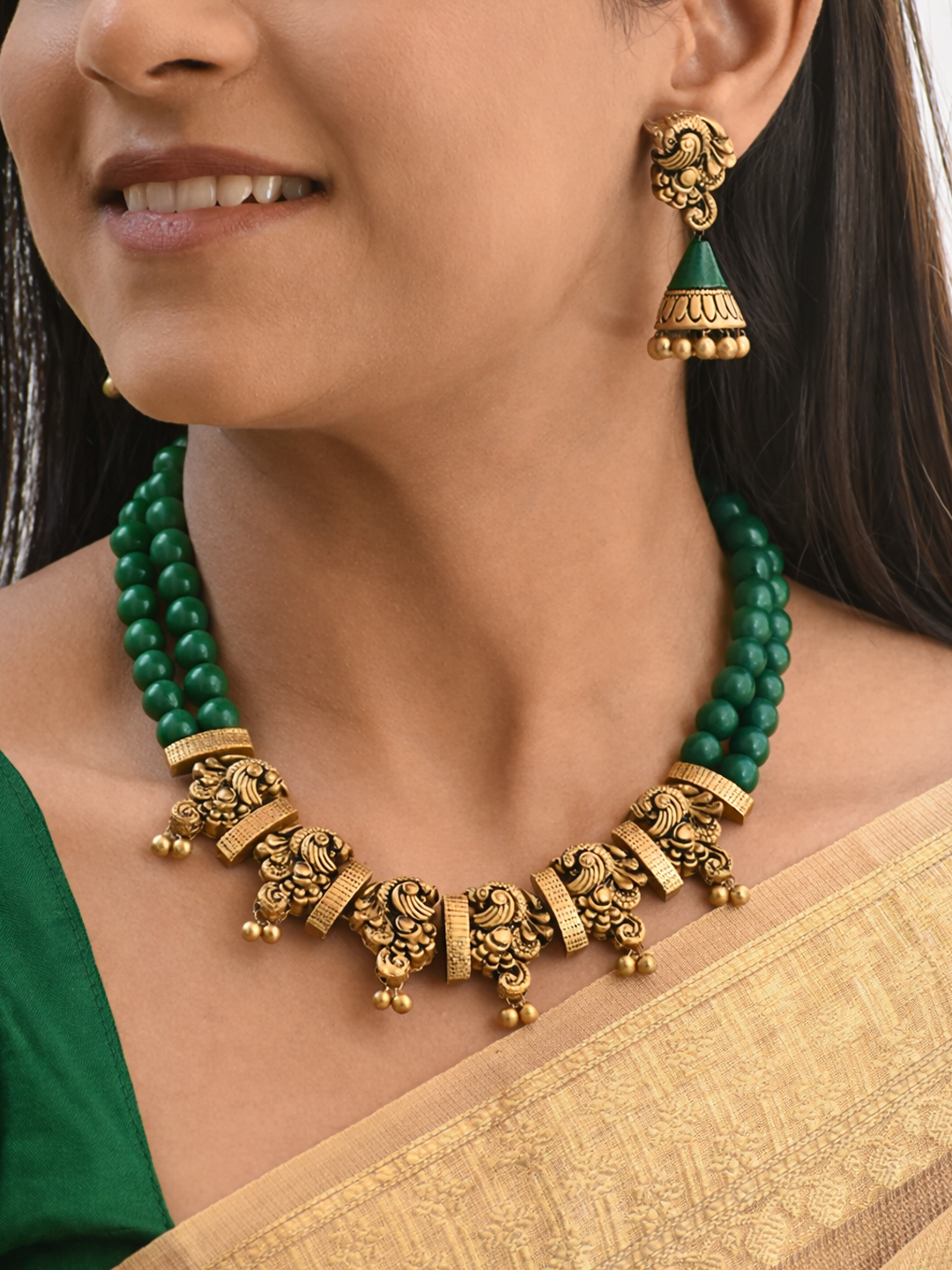Devpriya — Handcrafted Temple Two layer Terracotta Jewellery Set in Emerald Green & Antique Gold