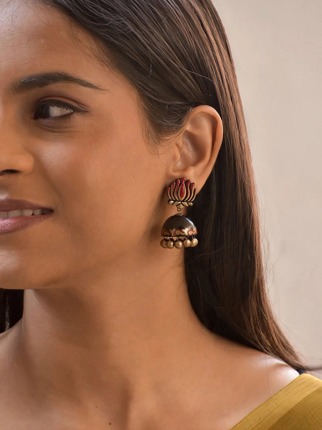 Pankaja – Handmade Red Lotus Black Jhumka Earrings