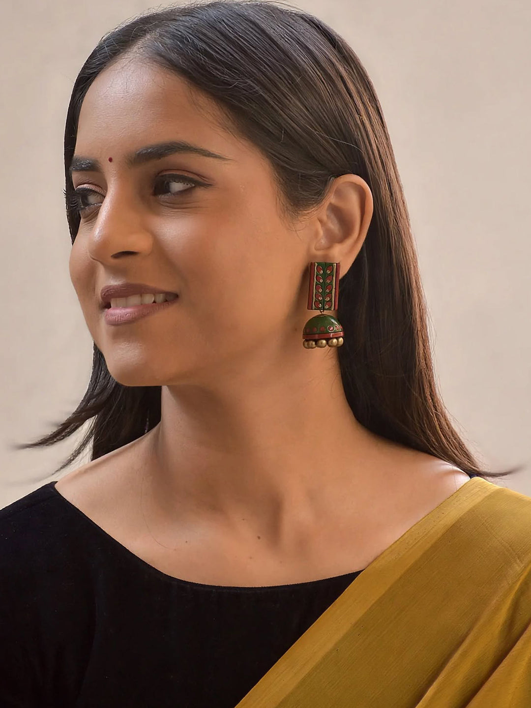 Vanya – Handmade Green & Red Floral Jhumka Earrings