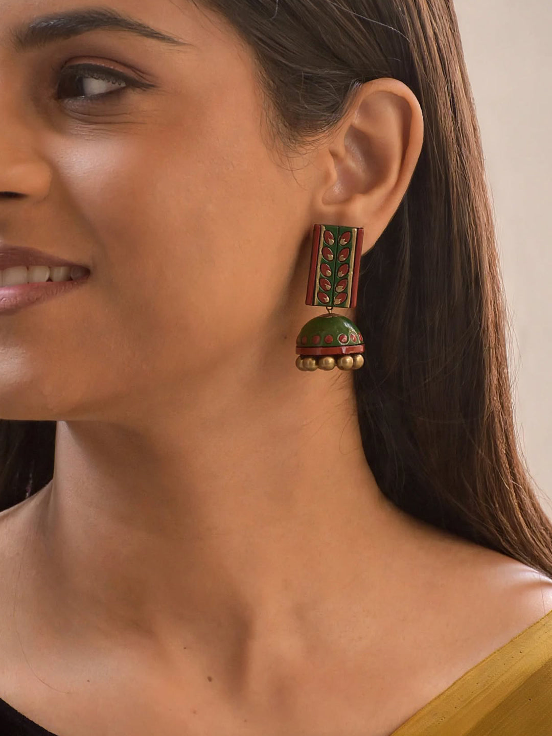 Vanya – Handmade Green & Red Floral Jhumka Earrings
