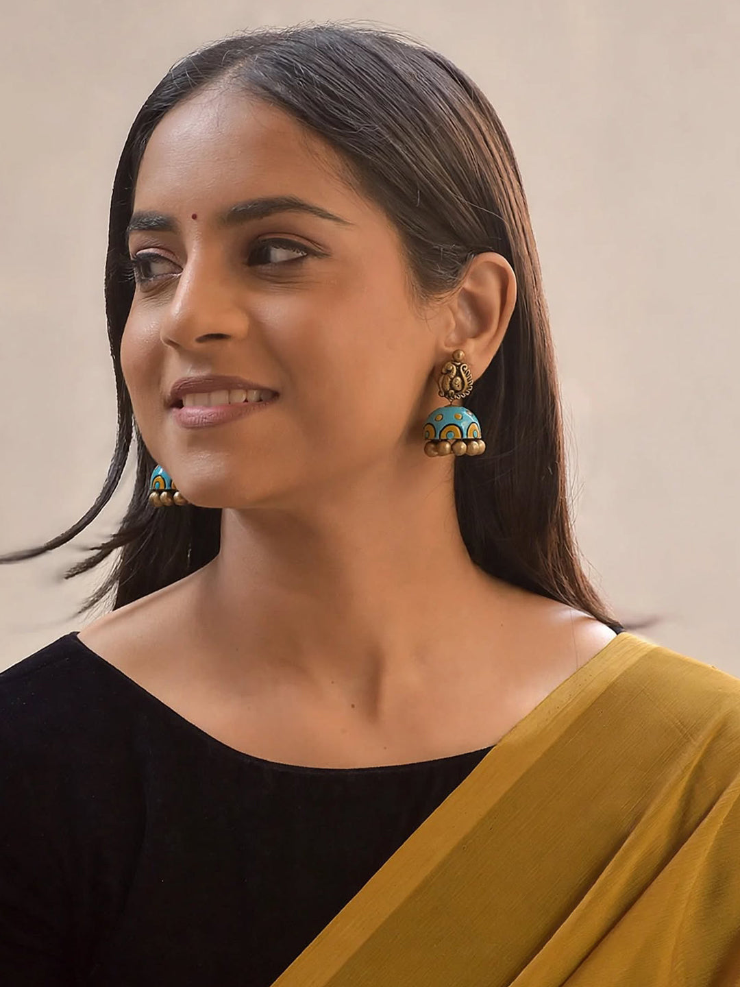Neeraja – Handmade Turquoise Blue Peacock Design Jhumka Earrings
