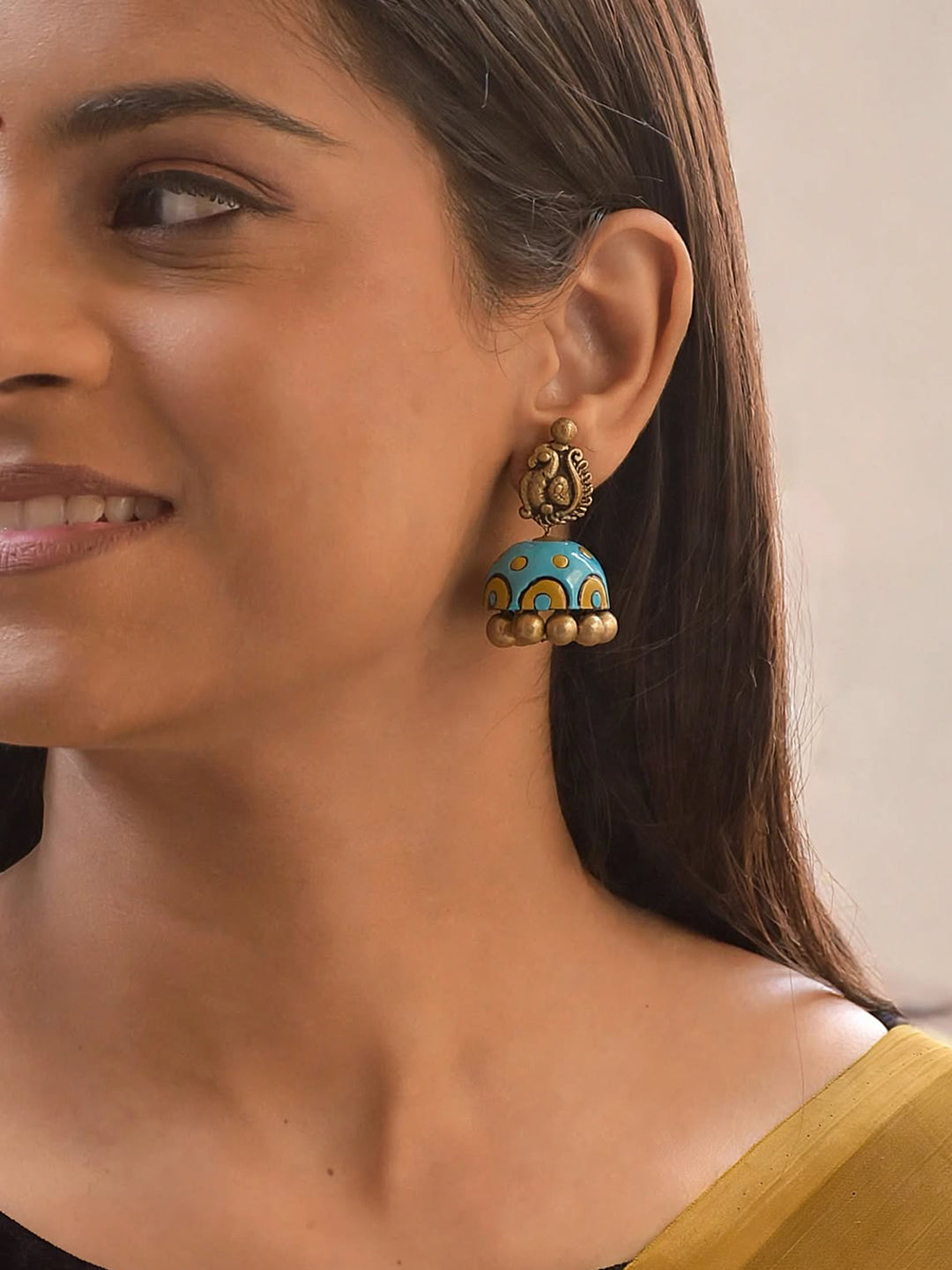 Neeraja – Handmade Turquoise Blue Peacock Design Jhumka Earrings