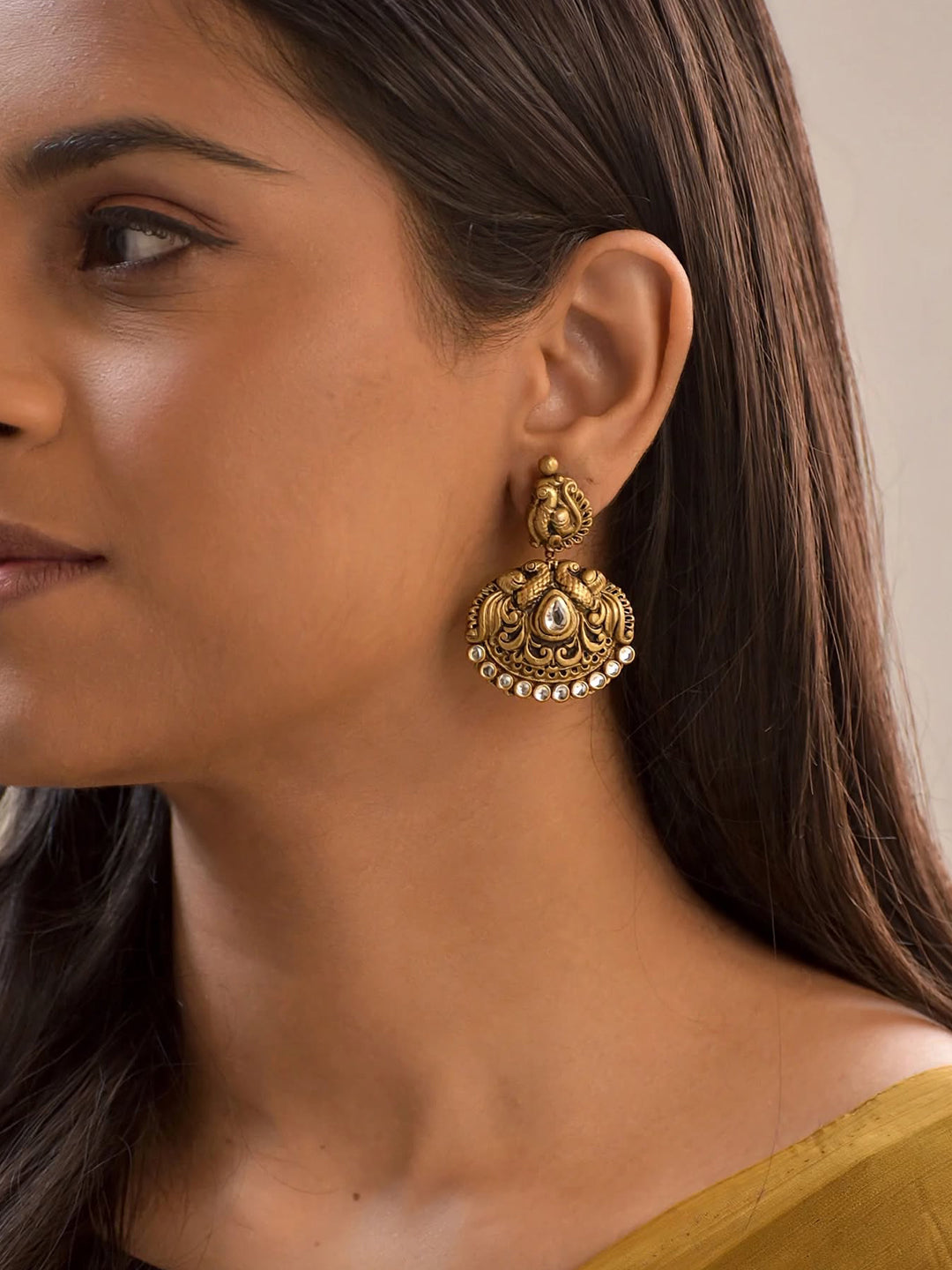 Ahalya – Handmade Antique Gold Crescent Peacock Statement Earrings