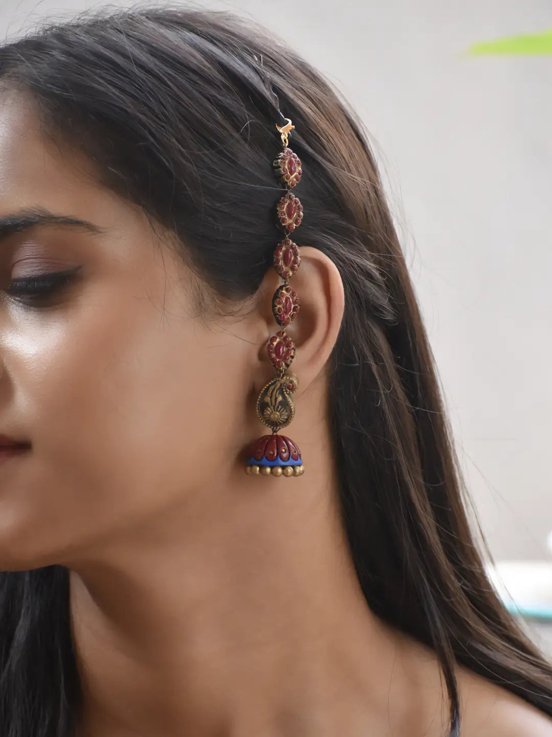 Mayura Ear Chain Maati Jhumka Earrings