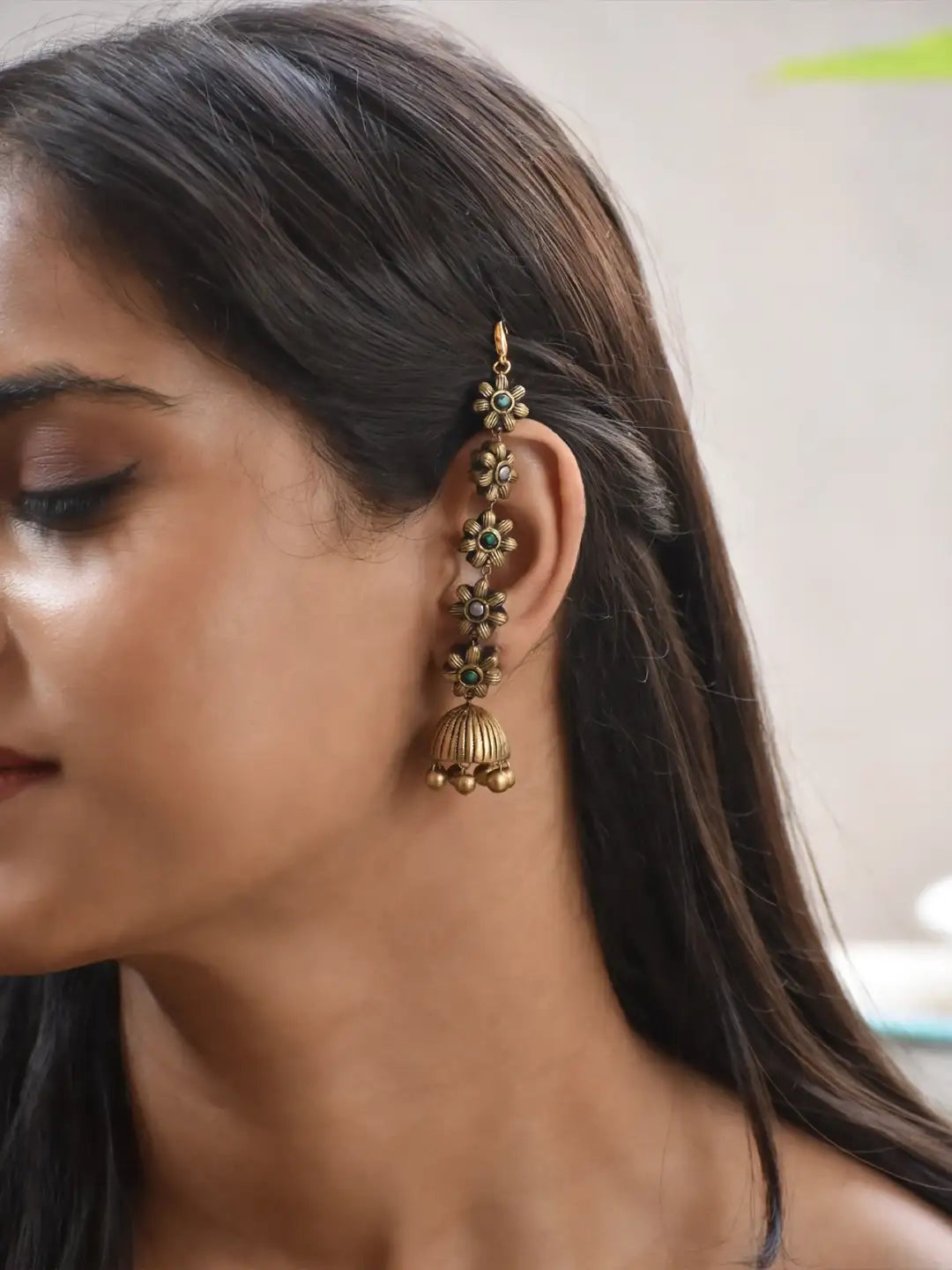 Antique Floral Ear Chain Maati Jhumka Earrings