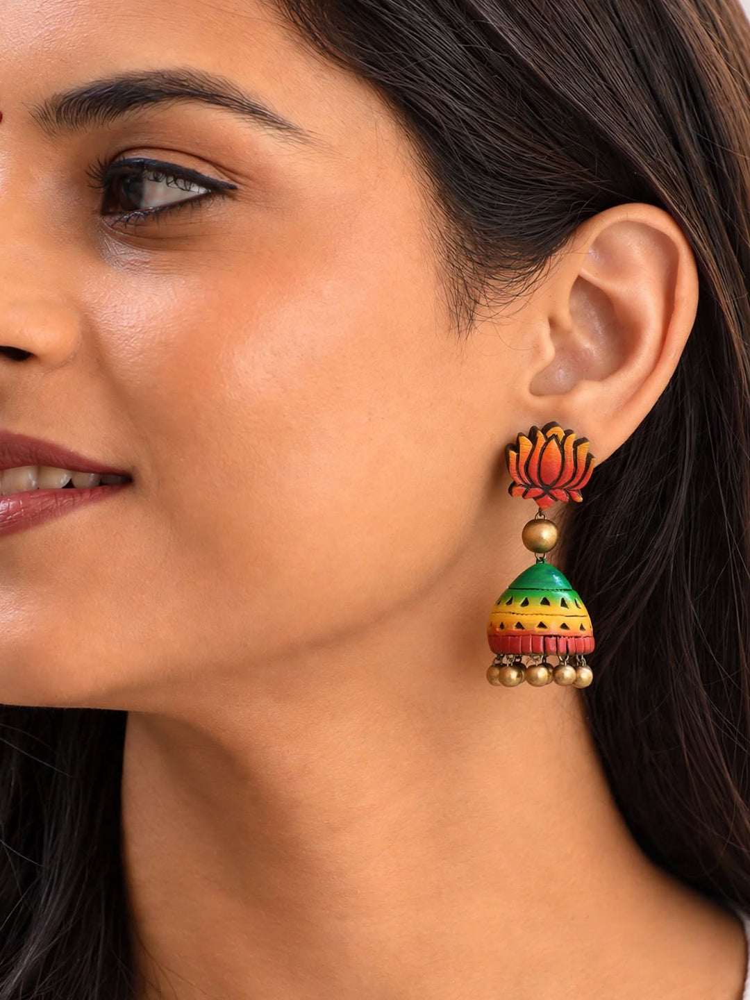Lotus Design Handmade Terracotta Antique Gold Yellow Maroon Green Jhumka Earring