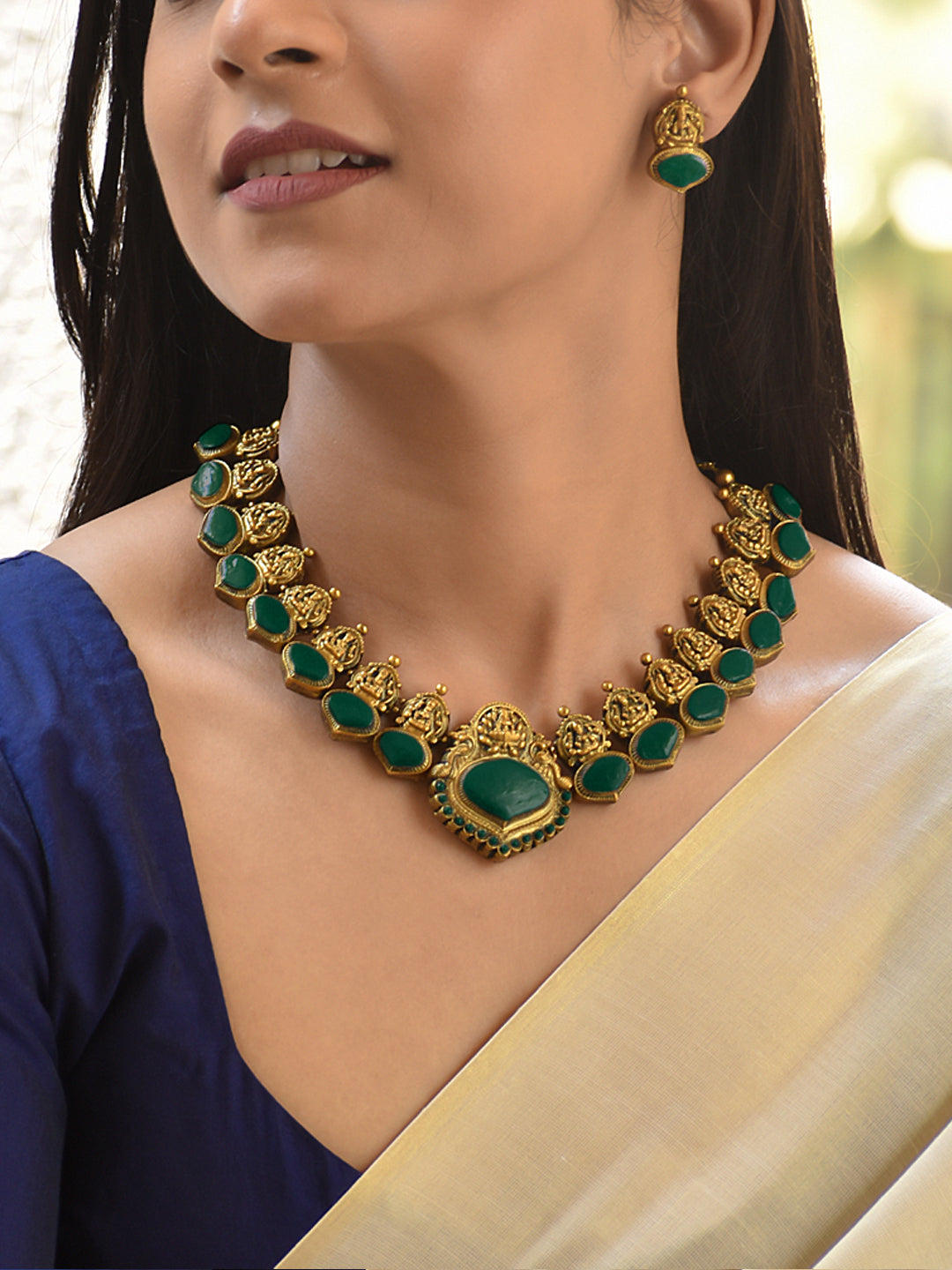 Terracotta Green Stone Temple Necklace Set