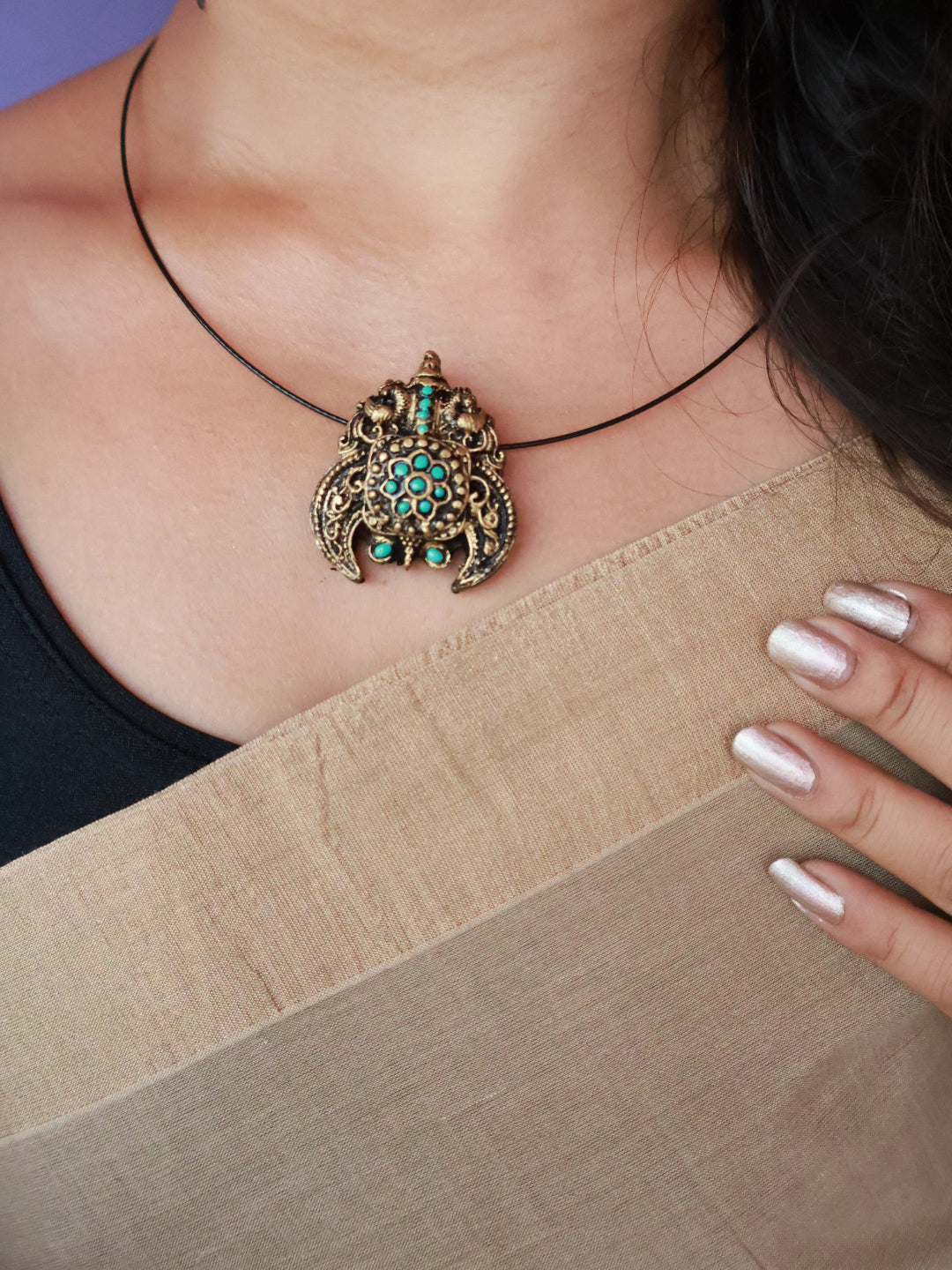 Turquoise Antique Crescent Pendant Cord Terracotta Necklace Set