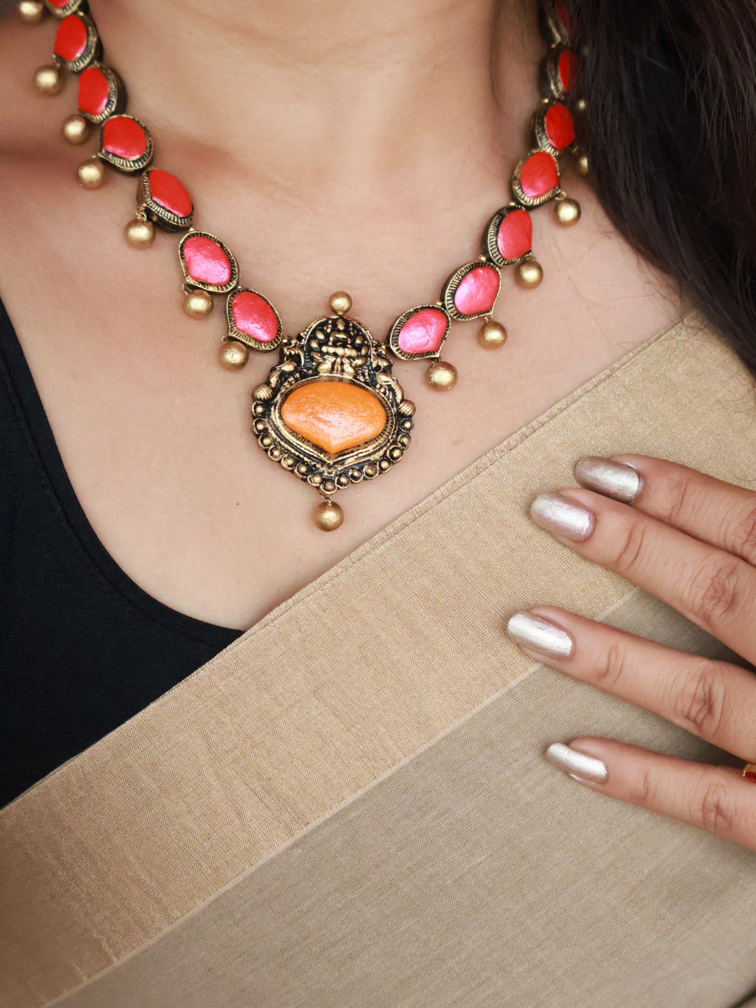 Pink Beaded Antique Statement Terracotta Necklace Set with Jhumka Earrings
