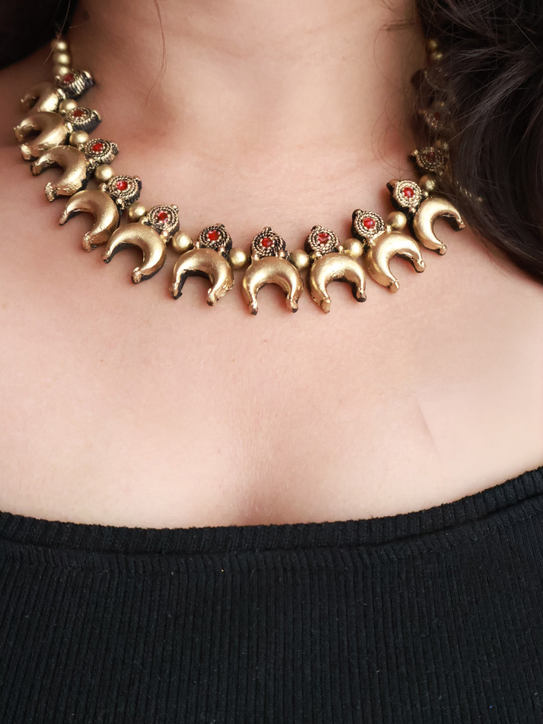 Antique Crescent Charm Statement Terracotta Necklace Set with Ruby Accents