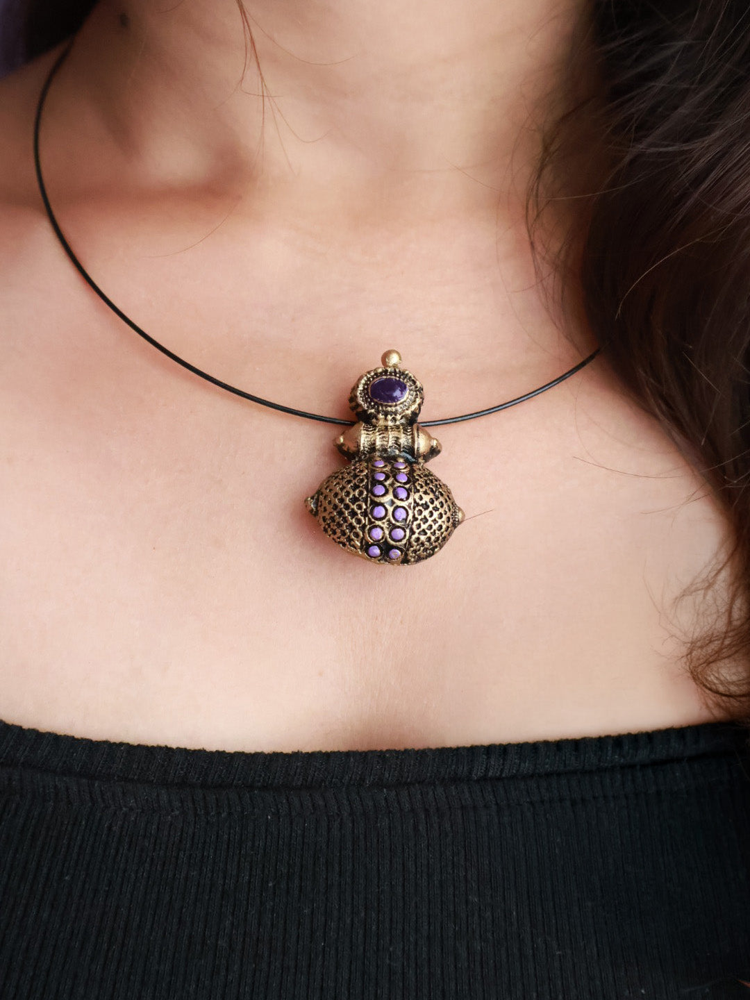 Royal Purple Antique Jhumka Pendant Cord Terracotta Necklace Set