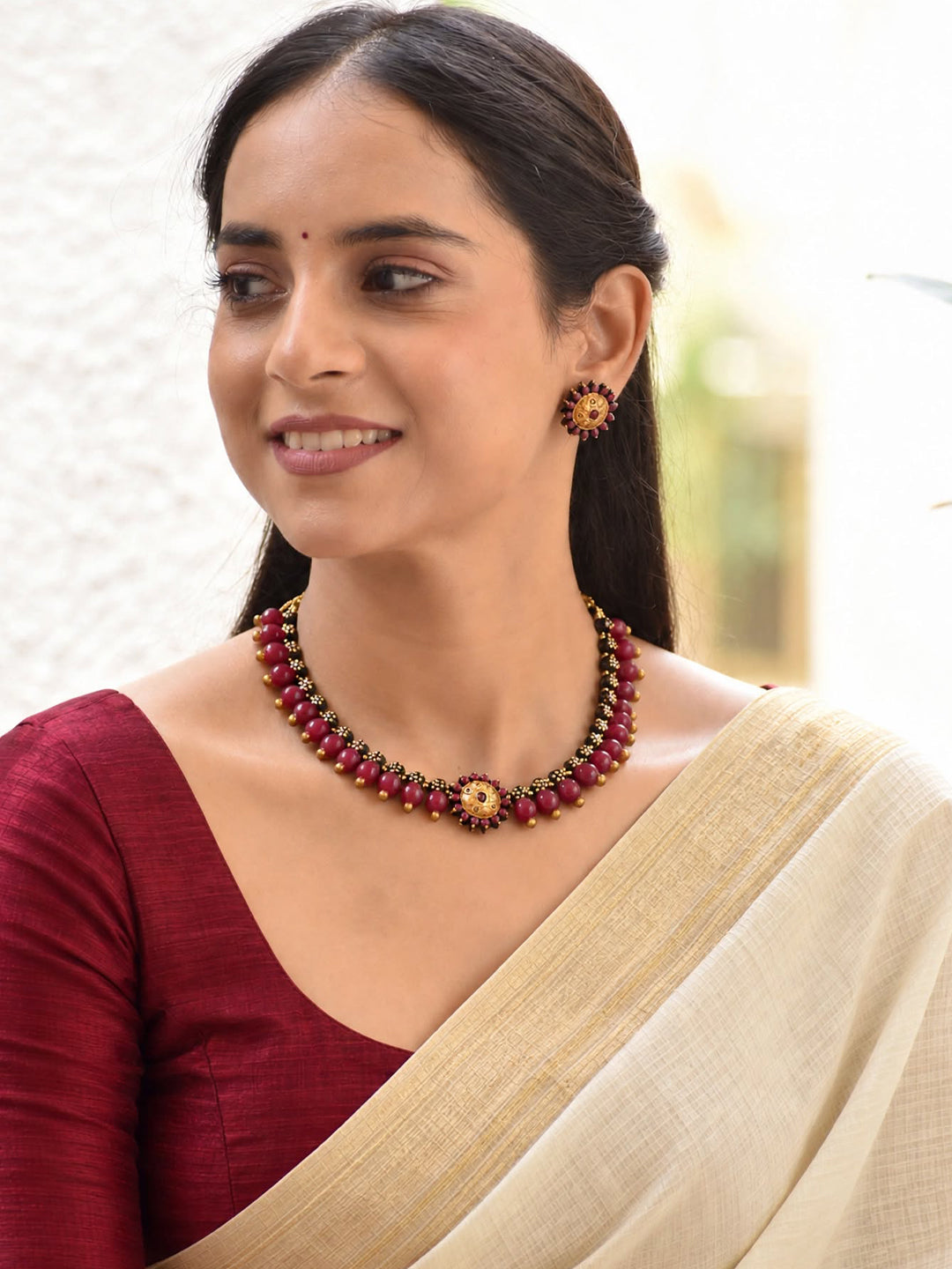 Raktima – Handmade Maroon Floral Beaded Necklace Set