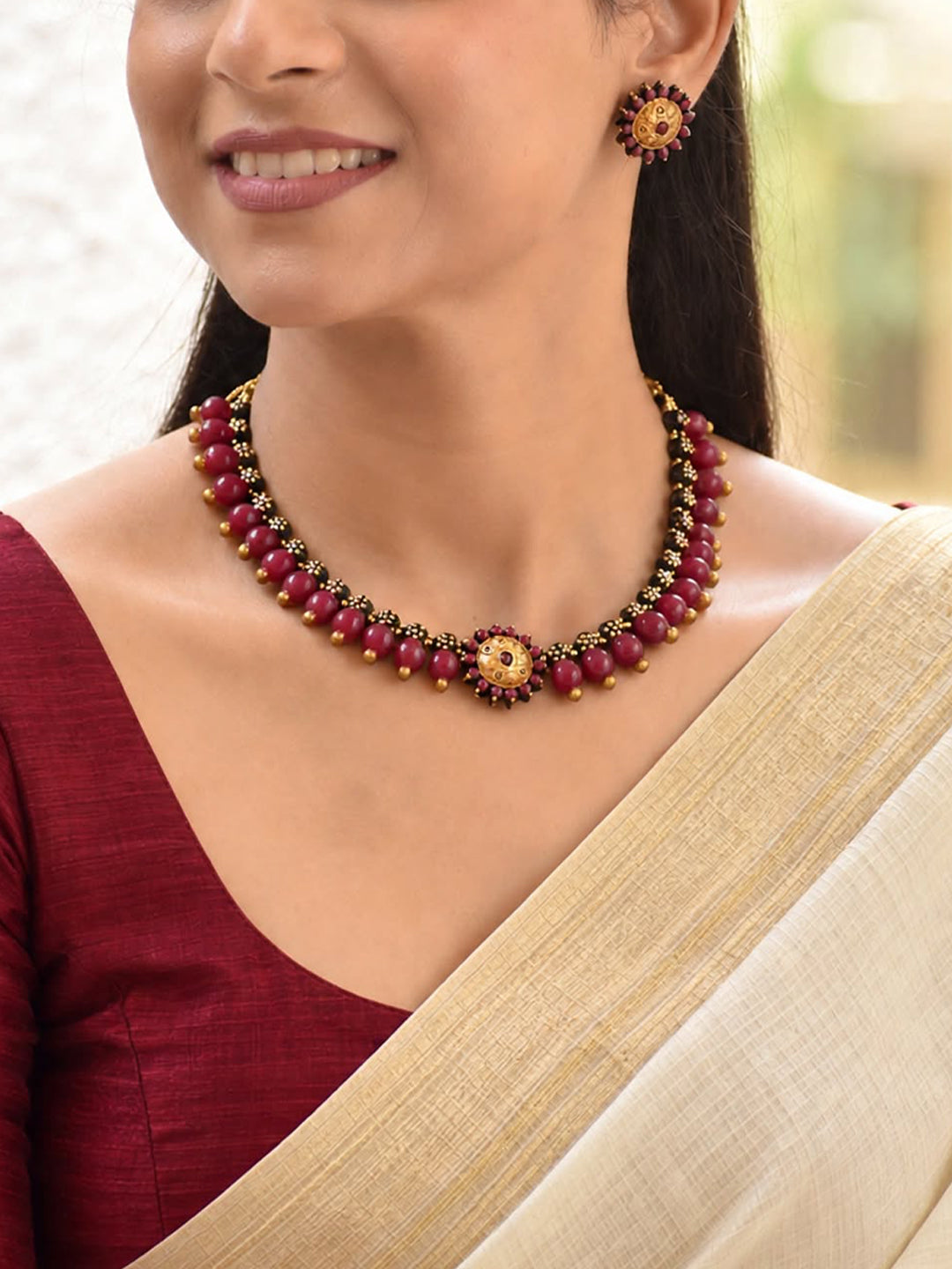 Raktima – Handmade Maroon Floral Beaded Necklace Set