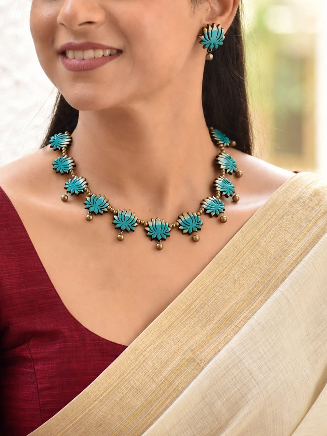 Neeraja – Handmade Turquoise Blue Lotus Necklace Set
