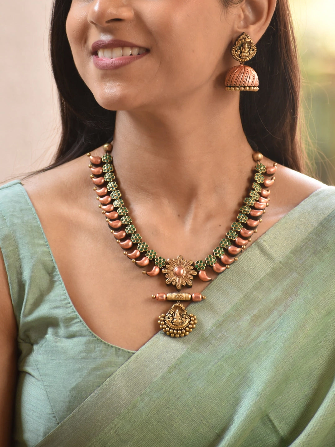 Vasundhri – Handmade Peach & Green Lakshmi Pendant Necklace Set