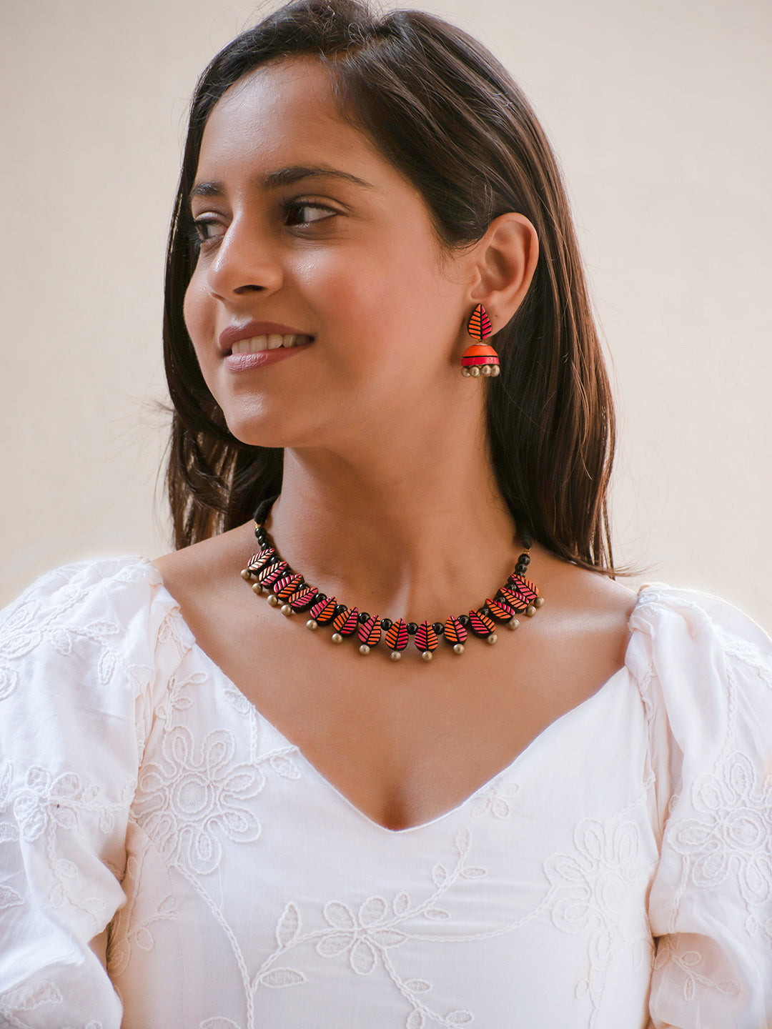 Pink Orange and Black Leaf Design Handmade Terracotta Necklace Set