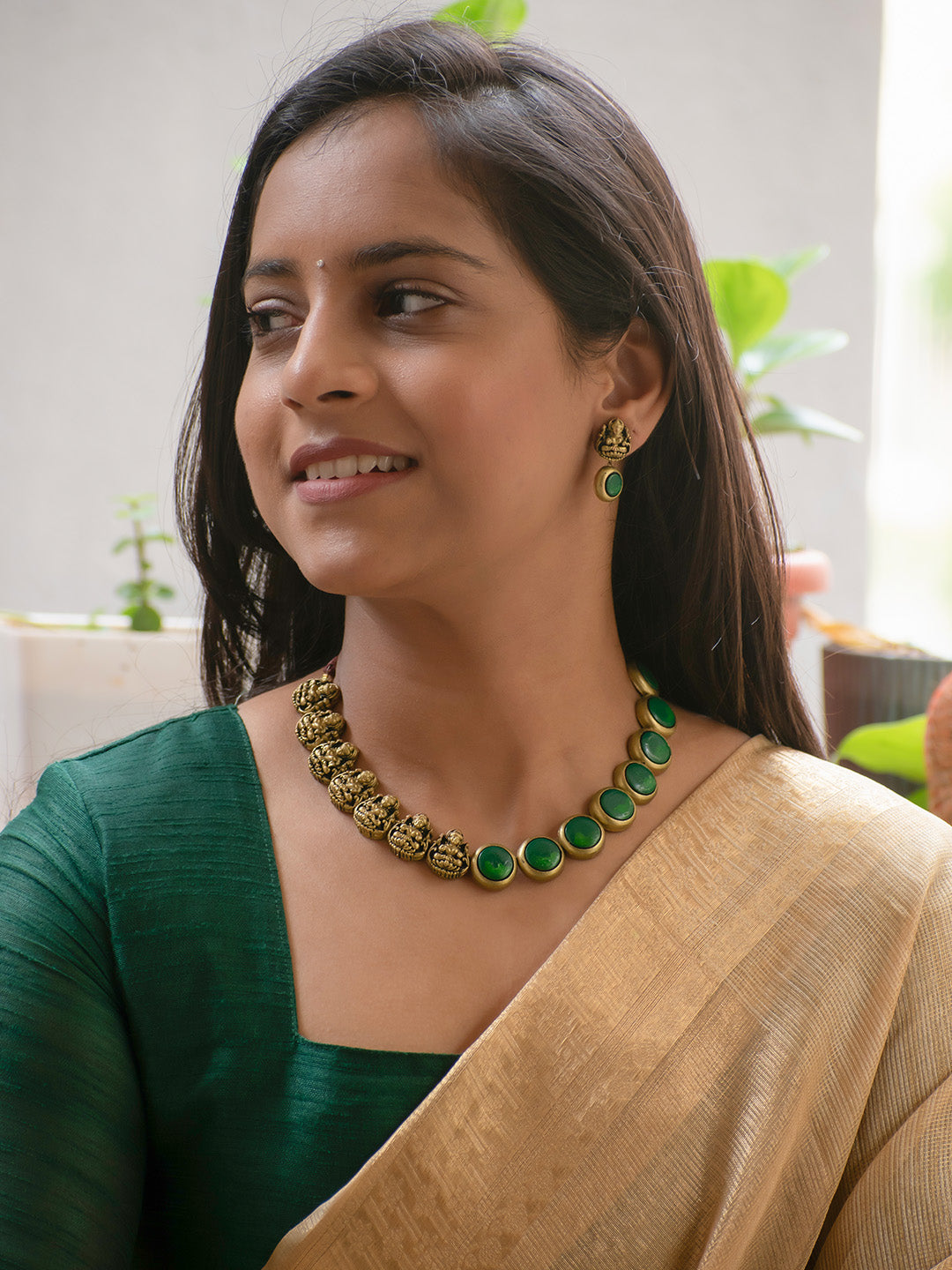 Antique Gold and Green Coin and Lakshmi Design Handmade Terracotta Necklace Set