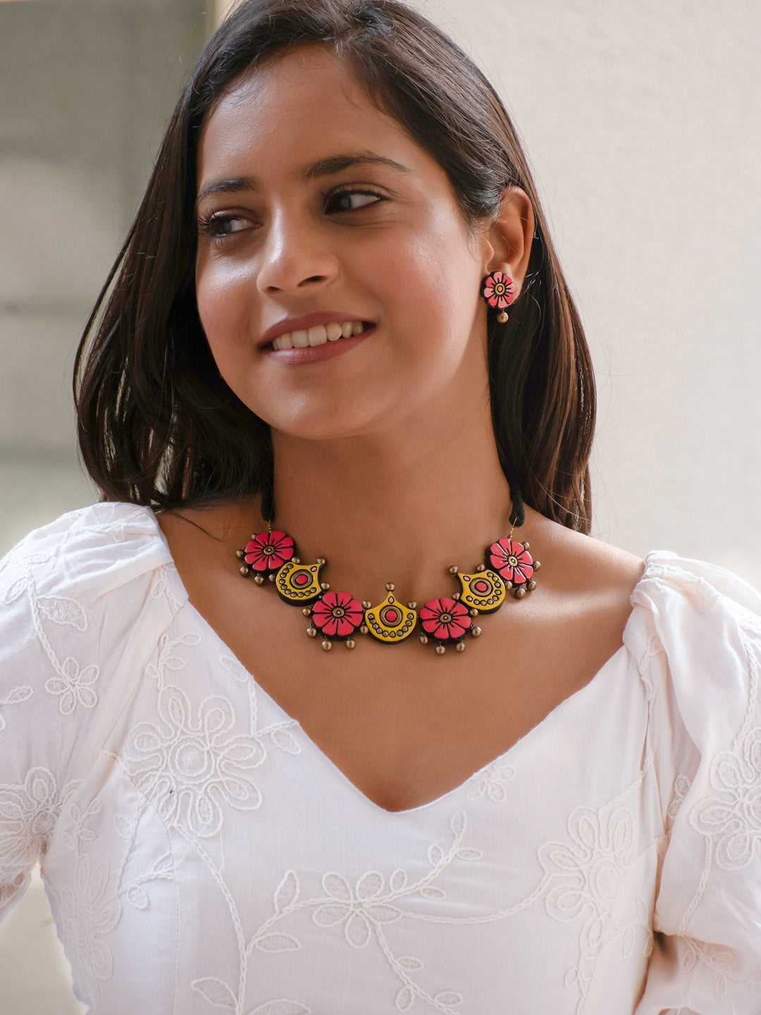 Pink and Yellow Floral Design Handmade Terracotta Necklace Set