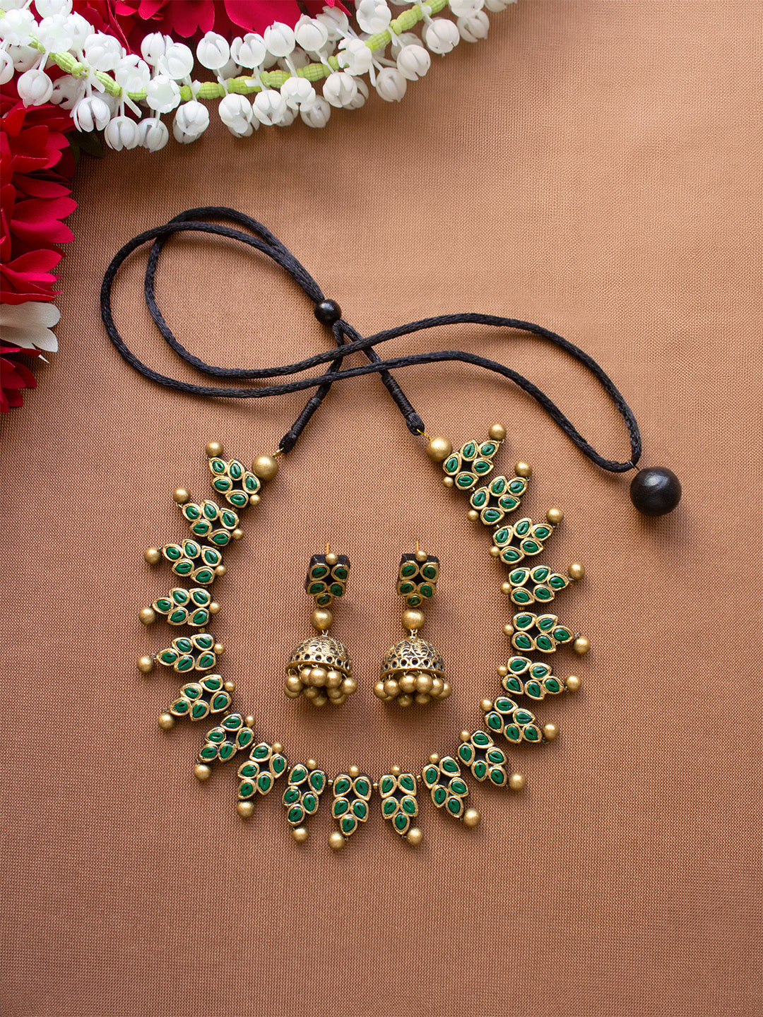 Antique Gold and Green Leaf Design Handmade Terracotta Necklace Set