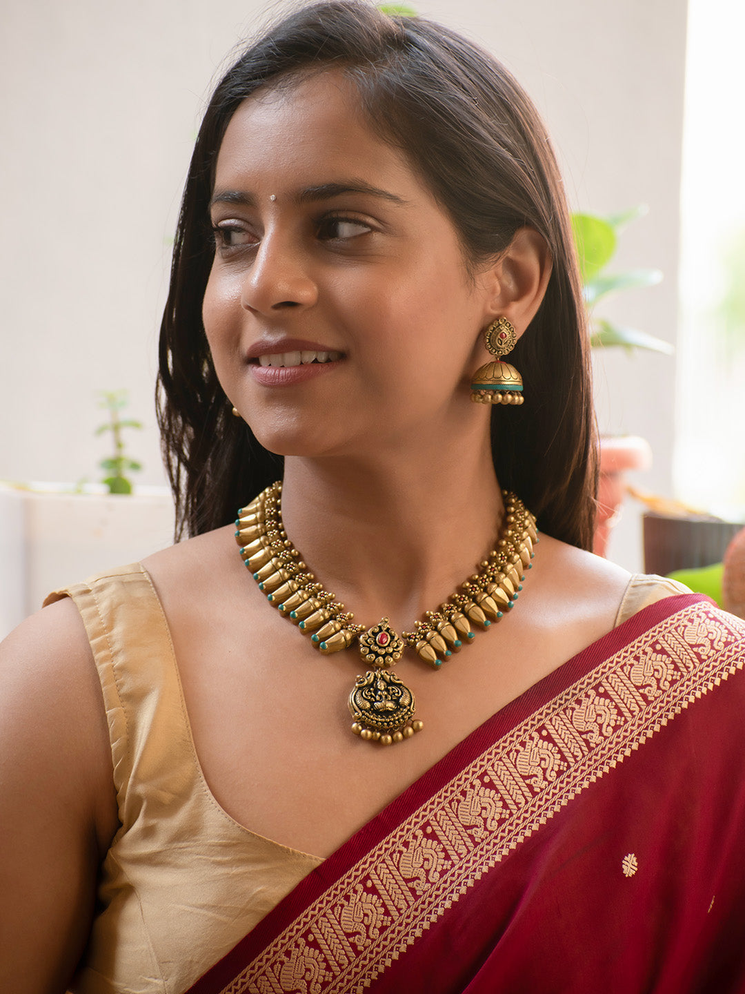 Antique Gold Red and Blue Lakshmi Design Handmade Terracotta Necklace Set