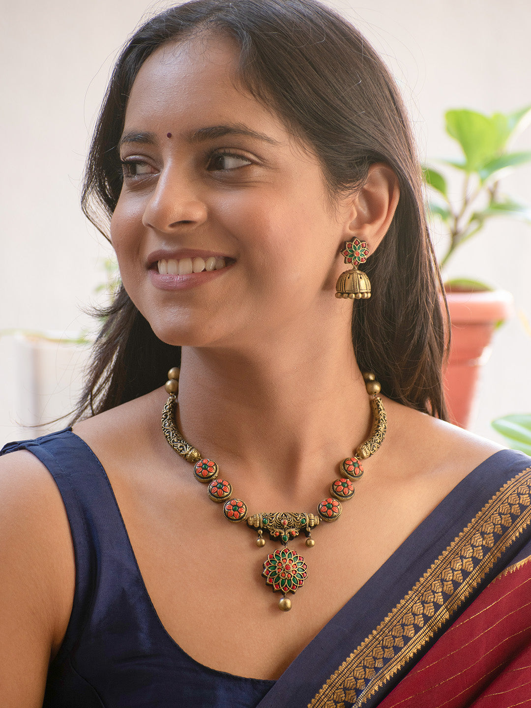 Varshika — Antique Gold Green Orange and Red Flower Design Handmade Terracotta Necklace Set