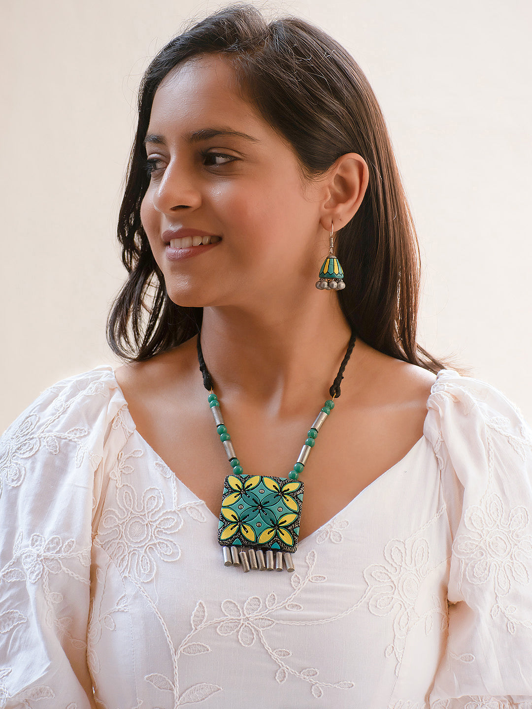 Blue Yellow and Silver Floral Design Handmade Terracotta Necklace Set