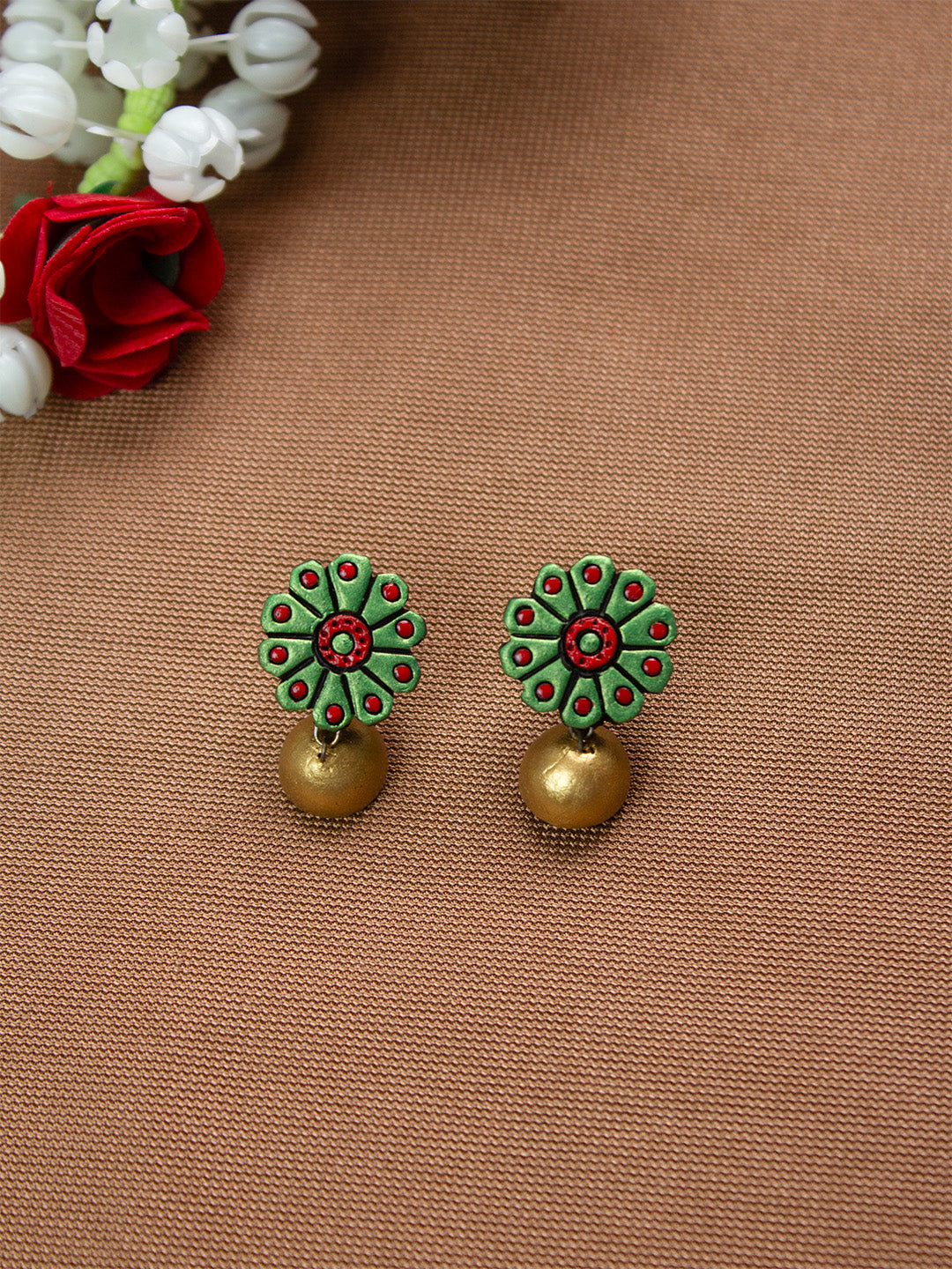Metallic Green Red and Gold Flower Design Hand-Painted Terracotta Earrings