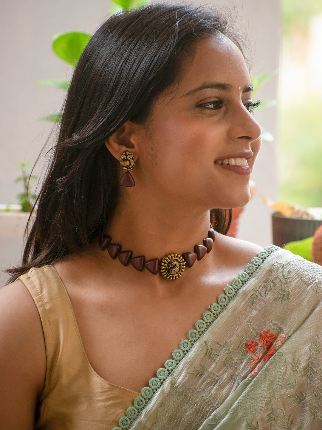 Kapilamayura — Antique Gold and Brown Peacock Choker Handmade Terracotta Necklace Set