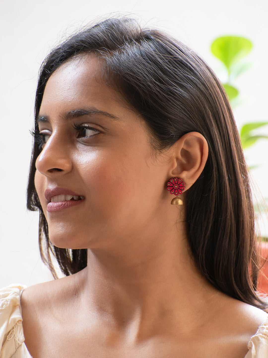 Red and Gold Flower Design Hand-Painted Terracotta Earrings