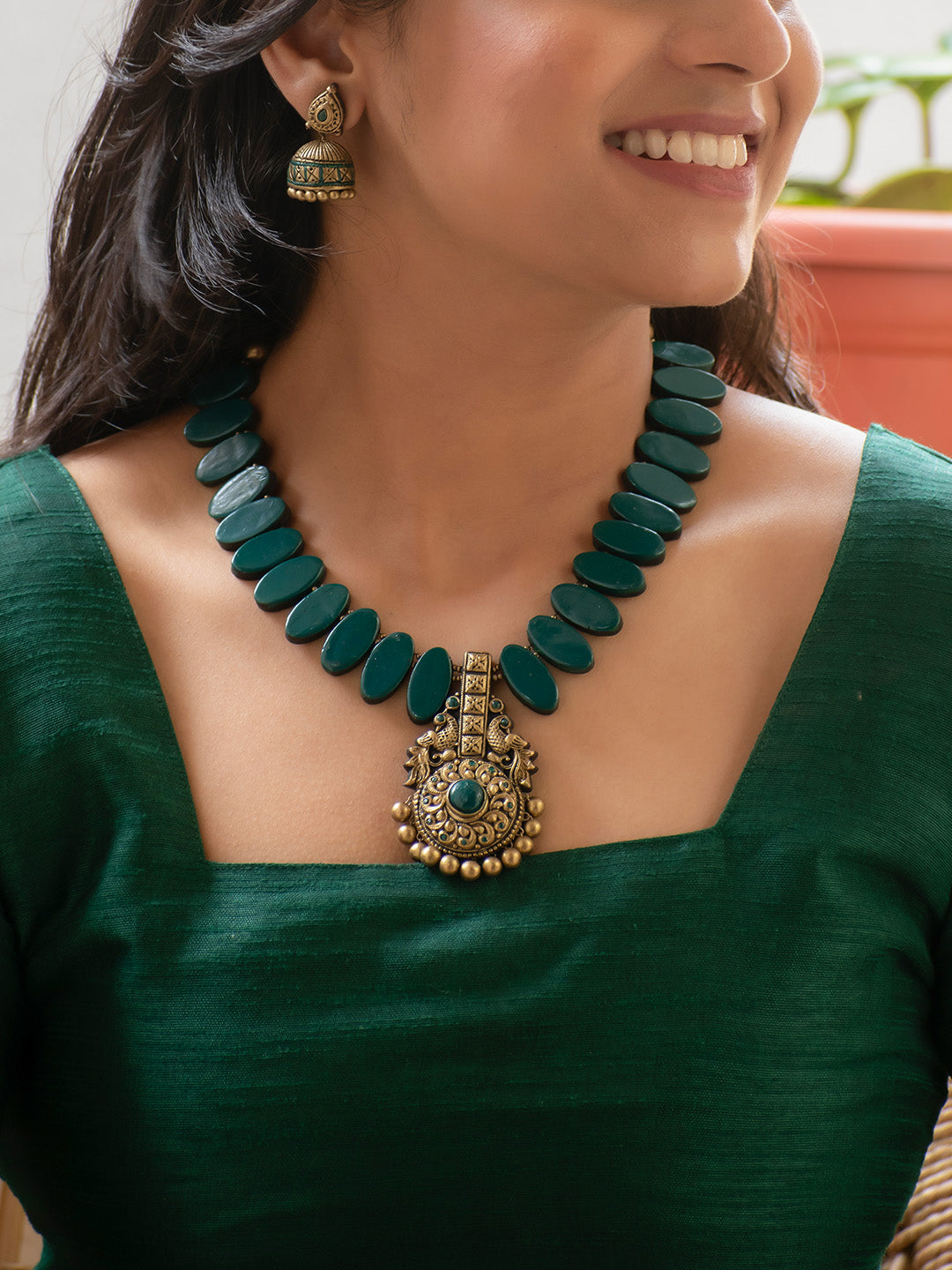Mayuravarna — Antique Gold and Green Peacock Design Handmade Terracotta Necklace Set