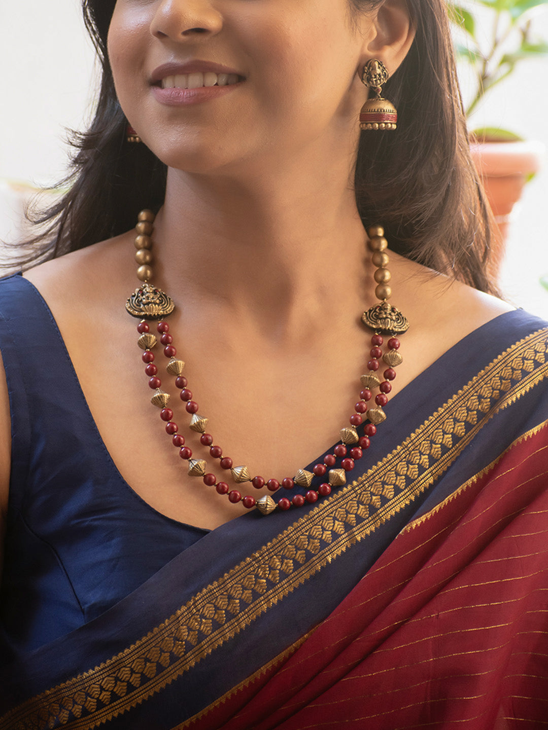 Antique Gold and marron two Layered Lakshmi Design Handmade Terracotta Necklace Set