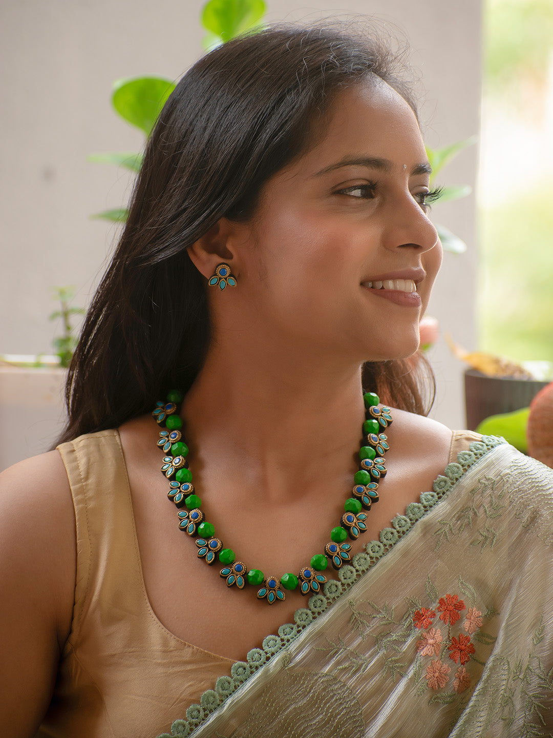 Antique Gold Green and Blue Crystal Beads Flower Design Handmade Terracotta Necklace Set