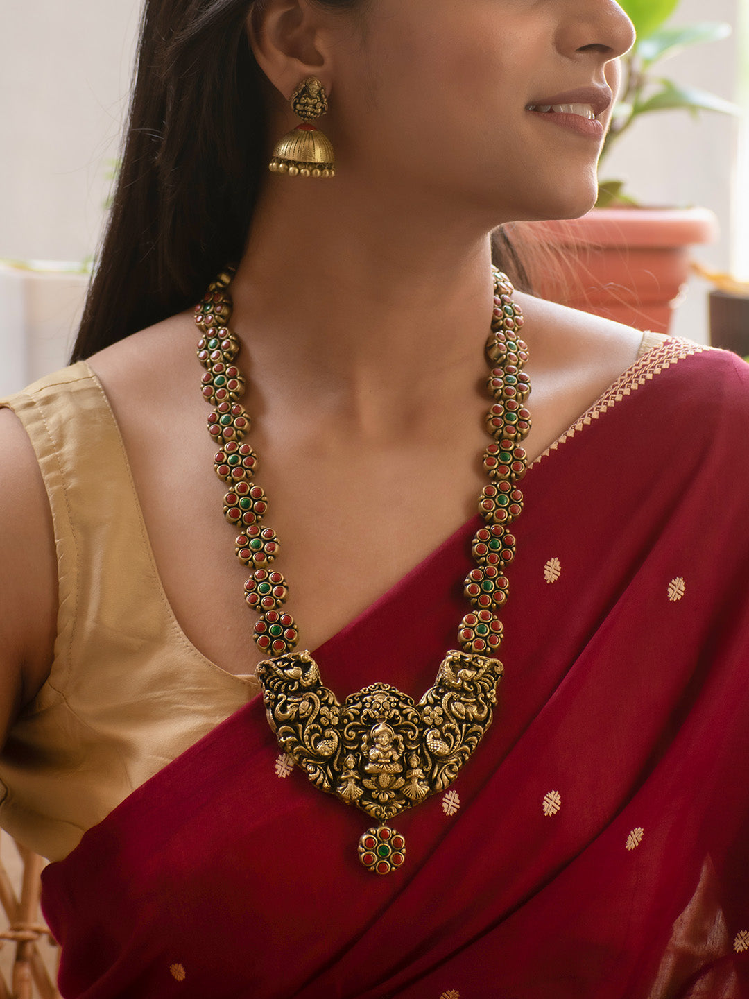 Antique Gold Red and Green Peacock and Lakshmi Design Handmade Terracotta Necklace Set