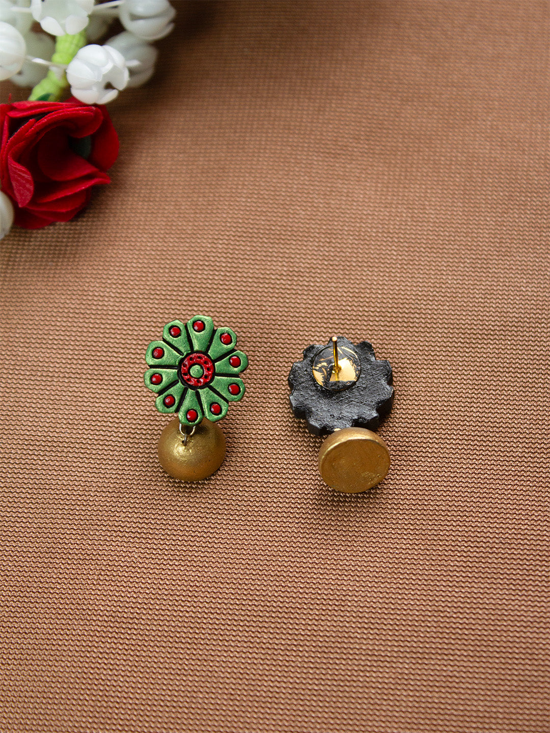 Metallic Green Red and Gold Flower Design Hand-Painted Terracotta Earrings