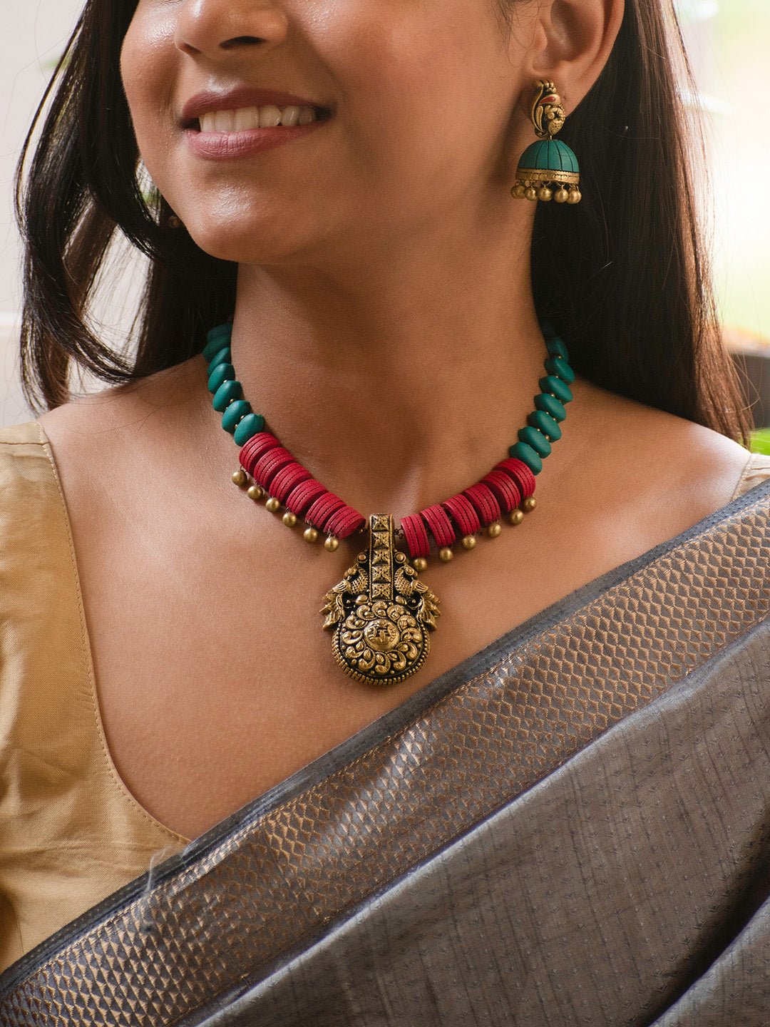 Antique Gold Green and Red Peacock Design Handmade Terracotta Necklace Set