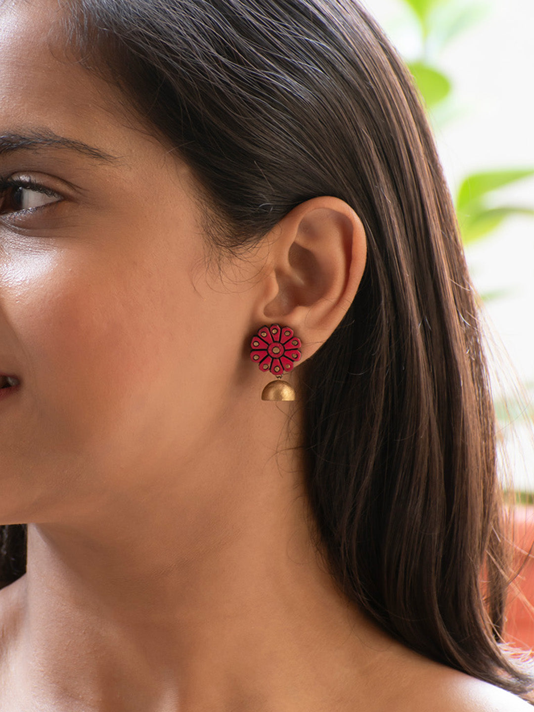 Red and Gold Flower Design Hand-Painted Terracotta Earrings
