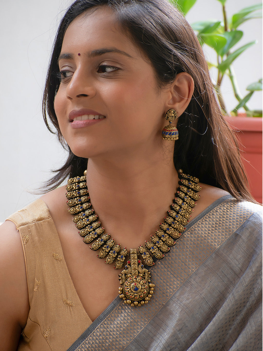 Mayura Sri — Antique Gold Red and Blue Peacock and Lakshmi Design Handmade Terracotta Necklace Set