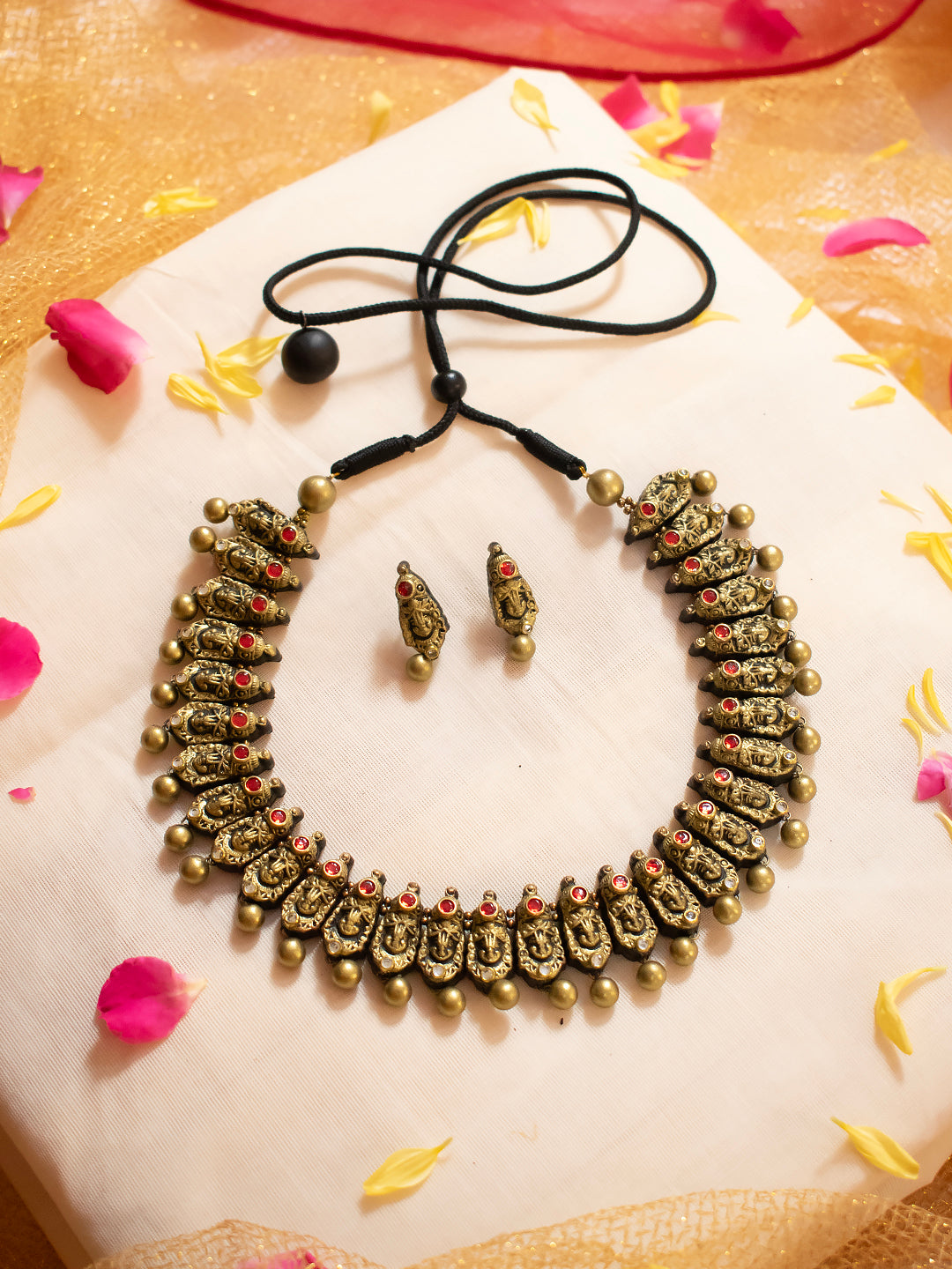 Antique Gold Red White Kundan Stone  Medieval Art Handmade Terracotta Necklace Set