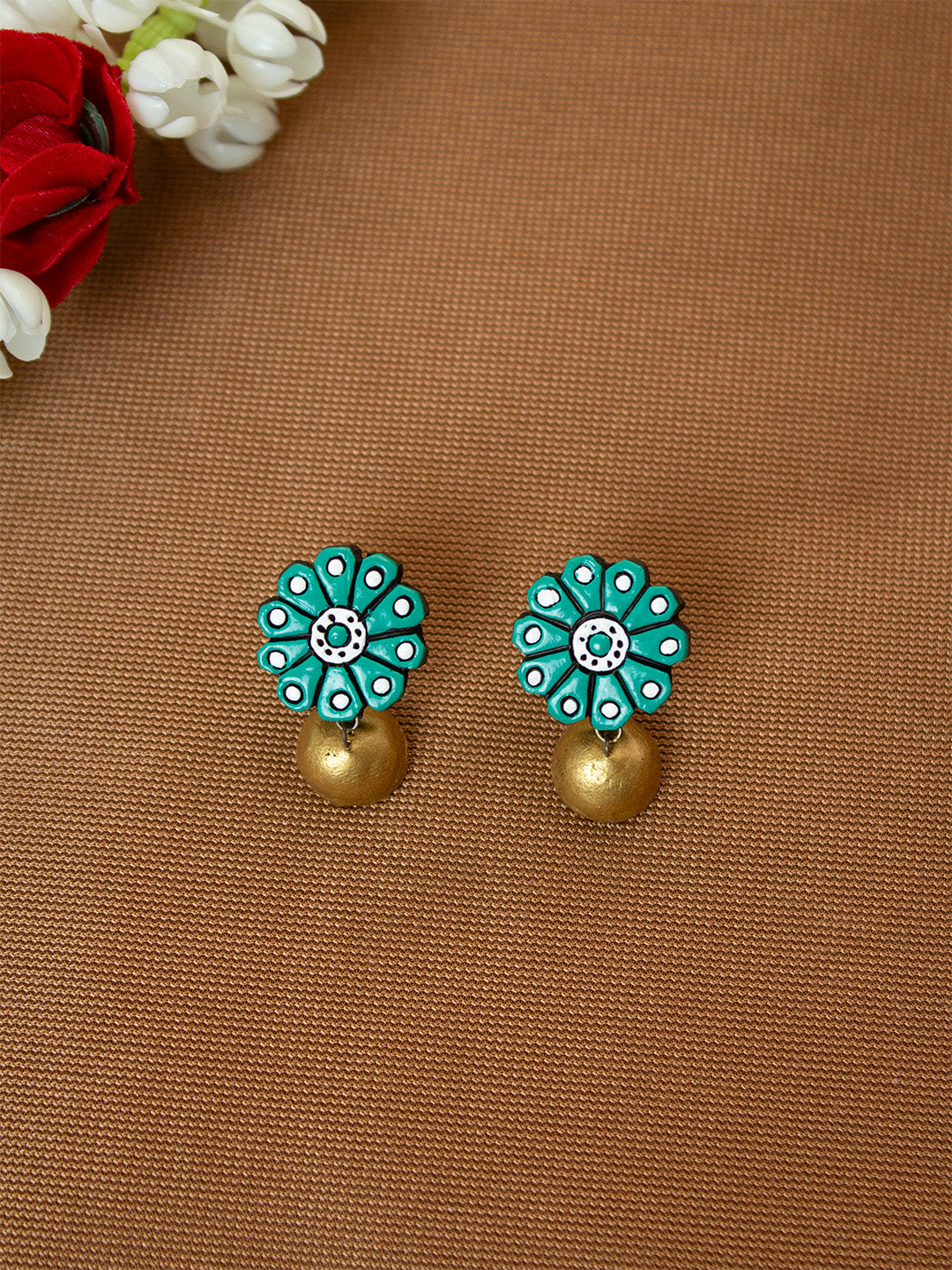 Emerald Green and Gold Flower Design Hand-Painted Terracotta Earrings