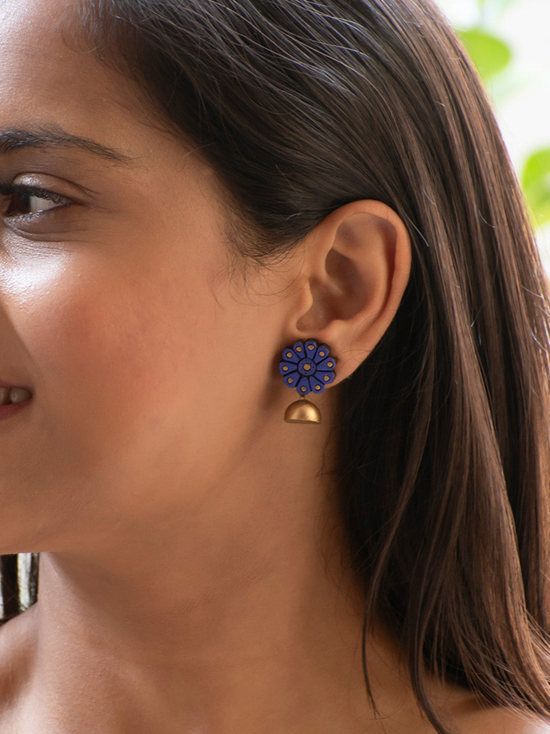Purple and Gold Flower Design Hand-Painted Terracotta Earrings