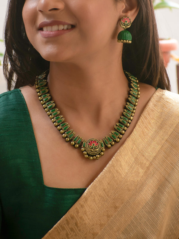 Antique Gold Green and Pink Flower Design Handmade Terracotta Necklace Set