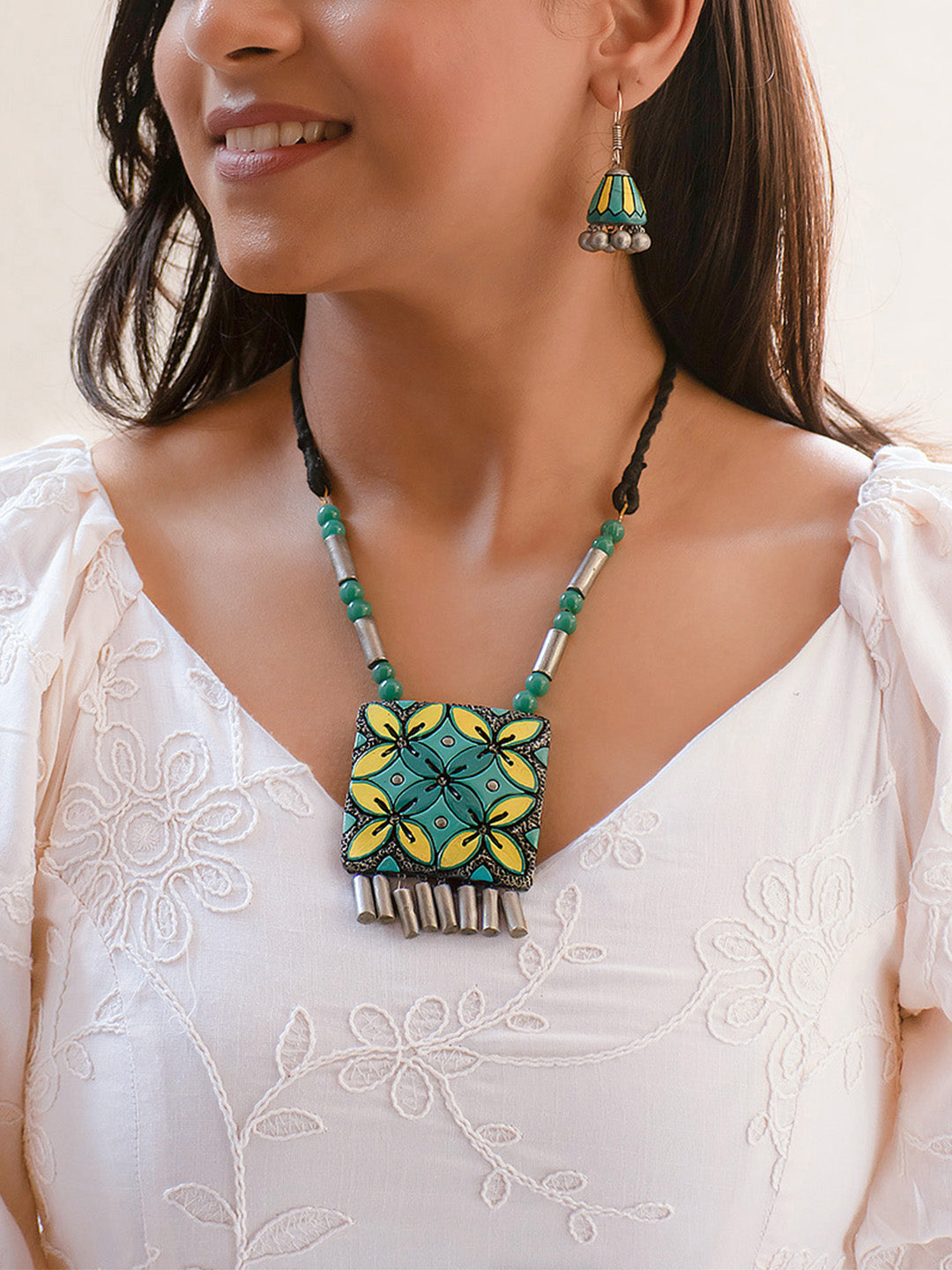 Blue Yellow and Silver Floral Design Handmade Terracotta Necklace Set