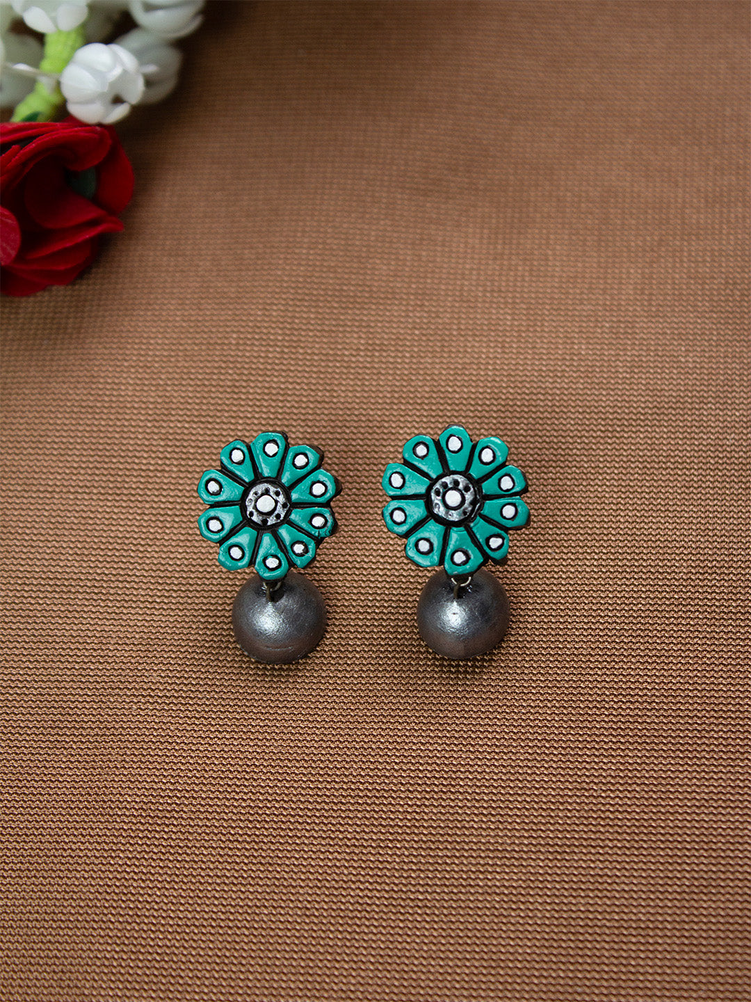 Emerald Green and Silver Flower Design Hand-Painted Terracotta Earrings