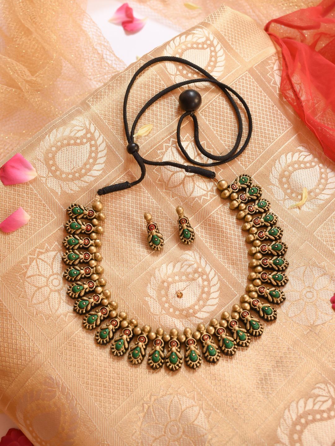 Antique Gold Red Green Persian Art Design  Contemporary Style Handmade Terracotta Fringe Necklace Set