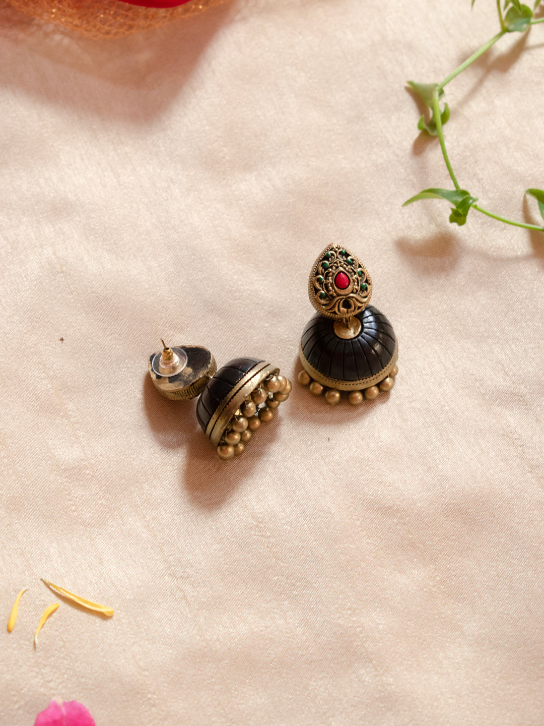 Mayuralekha — Antique Gold Black Red Green Peacock Pear Shape Design Minimalistic Handmade Terracotta Earrings
