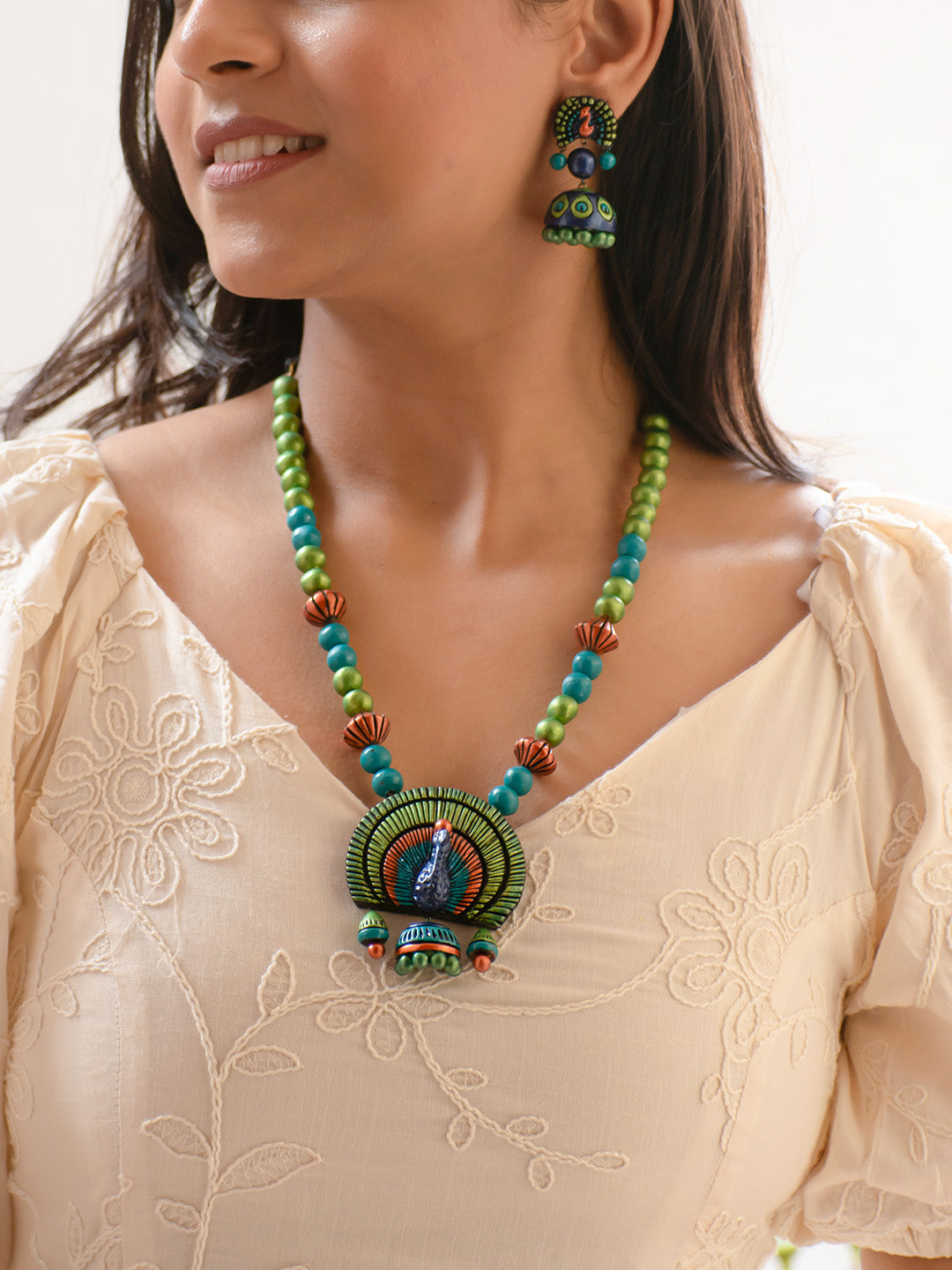 Peacock Design Green and Blue Handmade Terracotta Necklace Set