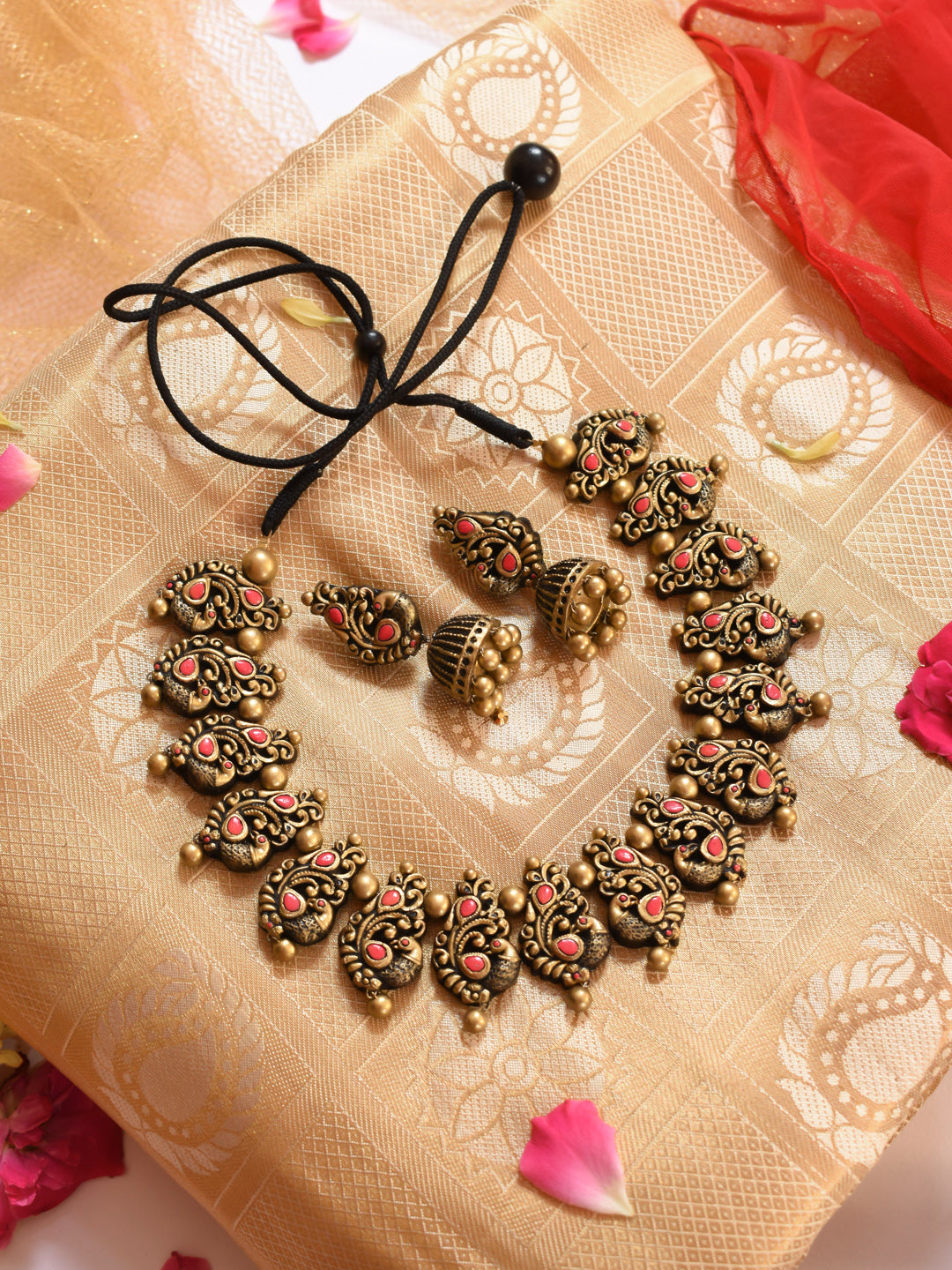 Antique Gold  Pink Peacock Design Handmade Terracotta Necklace Set