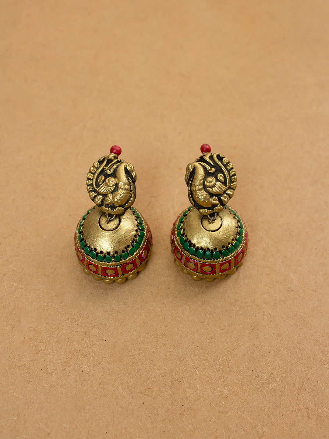 Antique Gold Green and Marron Peacock Design Handmade Terracotta Earrings
